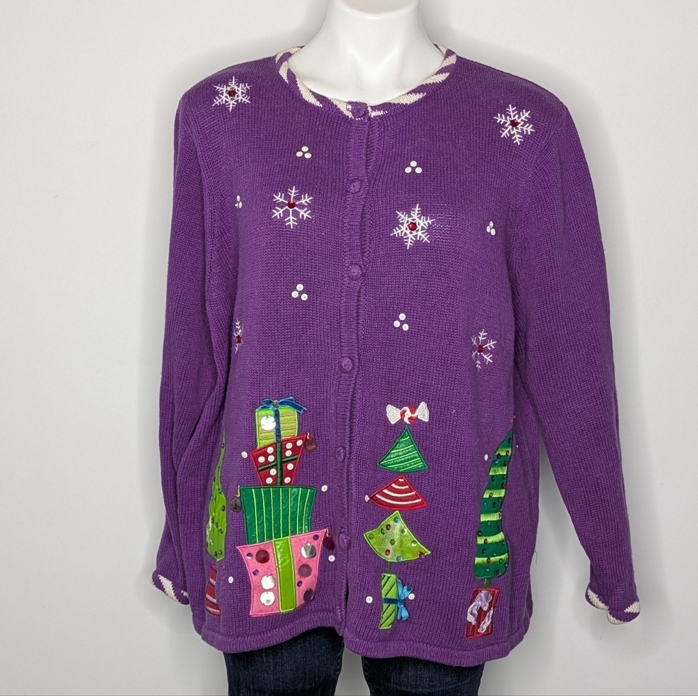 ✨3/$15 Vintage Tiara Purple Christmas Holiday Button Up Cardigan Sweater 14/16
